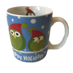 Pier One Happy Holiday‎ Owls ceramic mug blue Christmas snow coffee tea seasonal